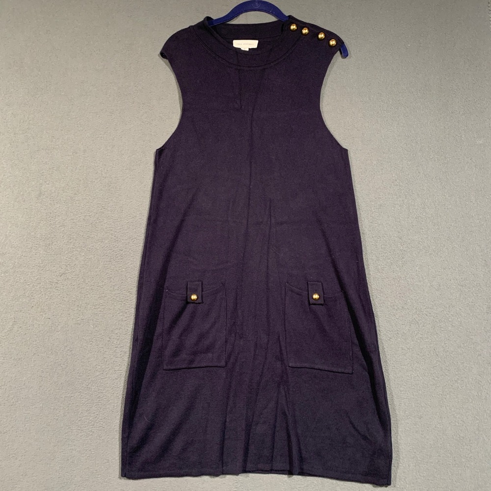Free Assembly Sweater Dress Womens XL Navy Blue Gold Button Shoulder Shift Mini